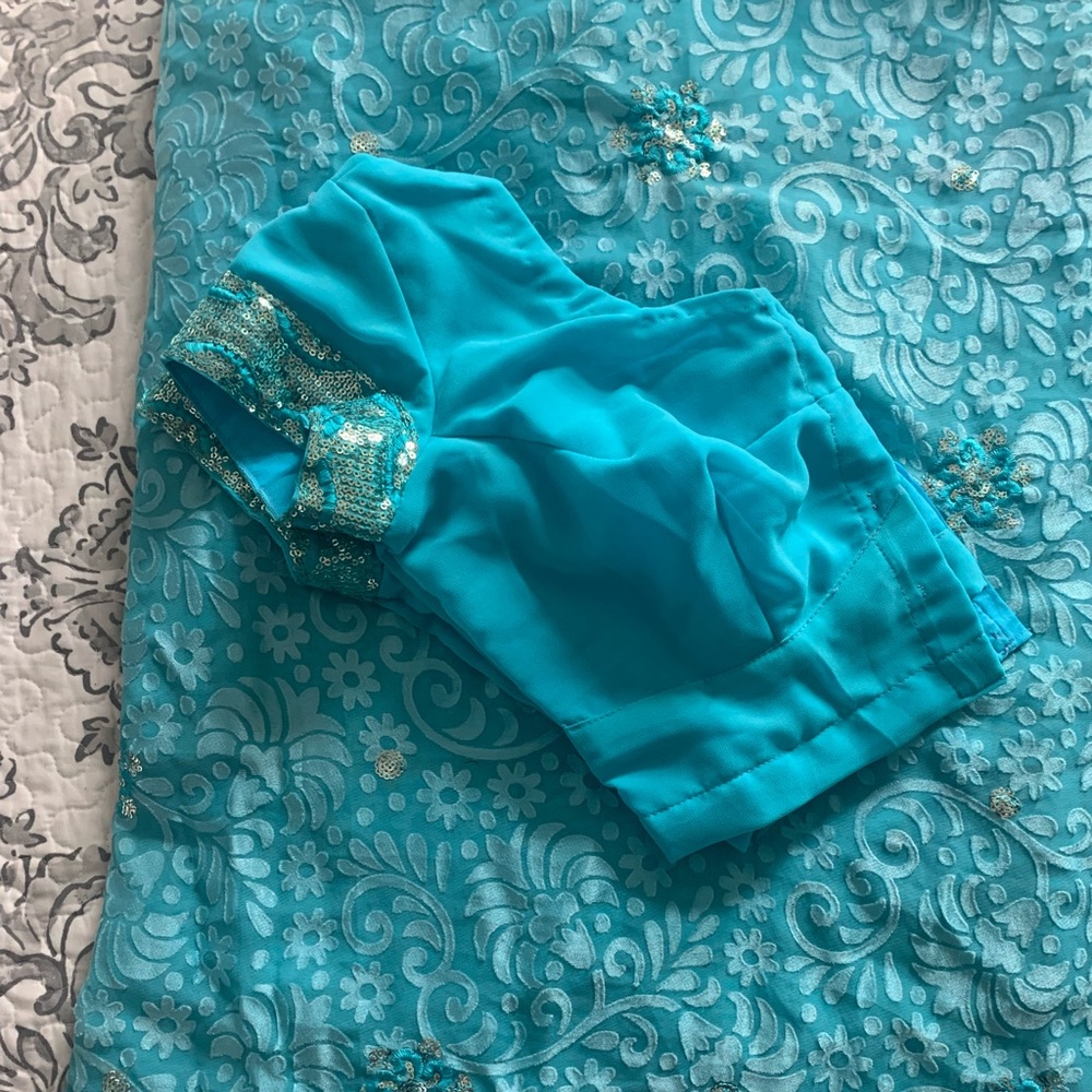 Turquoise Sari with Custom Top